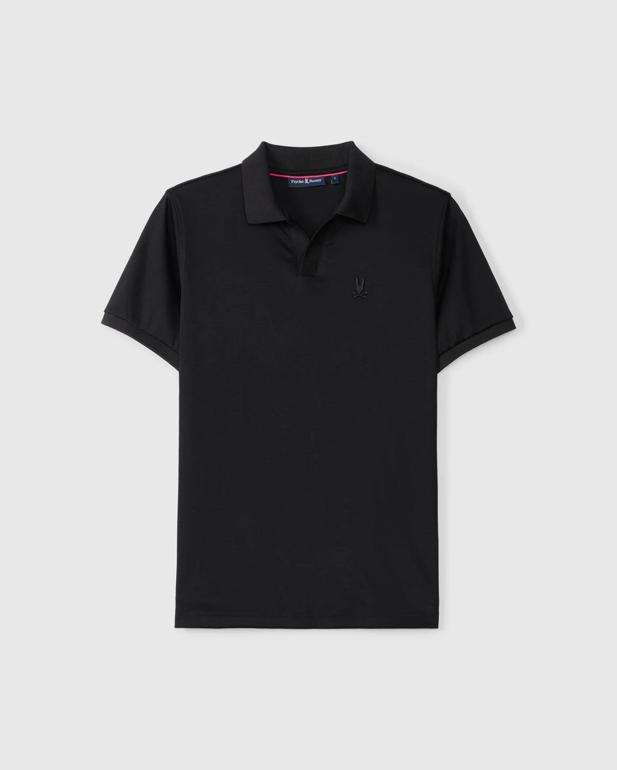 Displayed against a light gray background, the MENS BROADWAY PIMA INTERLOCK JOHNNY COLLAR POLO - B6K891D200 by Psycho Bunny is a black polo shirt made from Mercerized Pima cotton. It features a Johnny collar, short sleeves, and a subtle embroidered logo on the left chest, offering both style and exceptional durability.