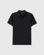Displayed against a light gray background, the MENS BROADWAY PIMA INTERLOCK JOHNNY COLLAR POLO - B6K891D200 by Psycho Bunny is a black polo shirt made from Mercerized Pima cotton. It features a Johnny collar, short sleeves, and a subtle embroidered logo on the left chest, offering both style and exceptional durability.