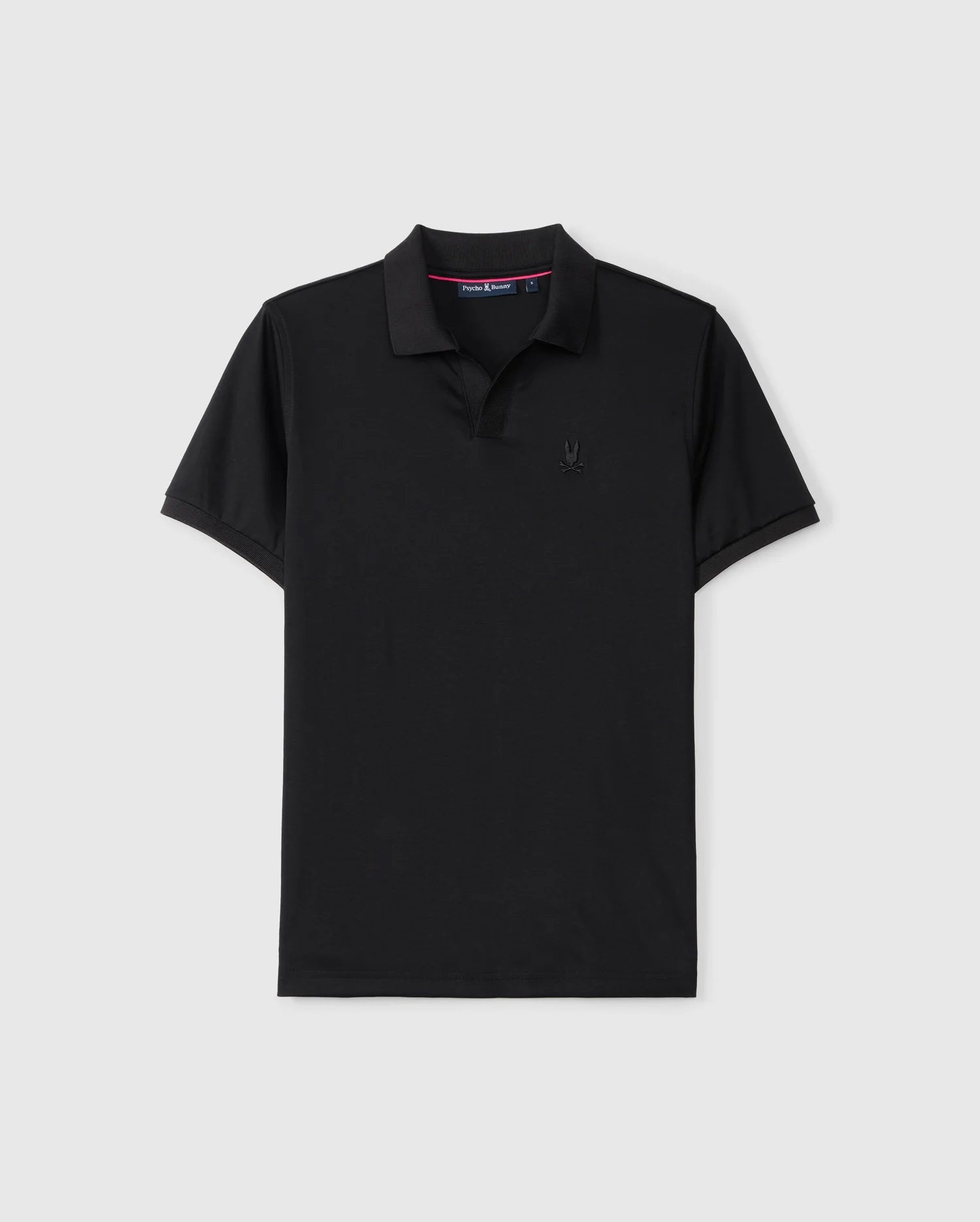 Displayed against a light gray background, the MENS BROADWAY PIMA INTERLOCK JOHNNY COLLAR POLO - B6K891D200 by Psycho Bunny is a black polo shirt made from Mercerized Pima cotton. It features a Johnny collar, short sleeves, and a subtle embroidered logo on the left chest, offering both style and exceptional durability.