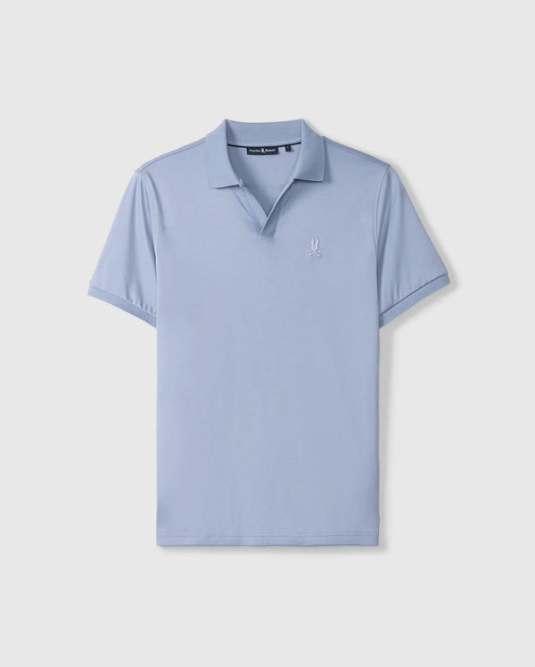 The Psycho Bunny Men's Broadway Mercerized Pima Polo Shirt (B6K891D200) in light blue features short sleeves, a collar, and a small embroidered logo on the left chest. Crafted from mercerized Pima cotton, it offers durable luster on a plain background.