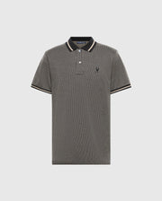 The Men's Warsaw Jacquard Pique Polo - B6K901E200 by Psycho Bunny features a sophisticated gray shade complemented by black and beige accents on the collar and sleeves, along with a subtle emblem on the left chest. Made from exquisite Peruvian Pima cotton, this jacquard-knit polo is set against an off-white background, embodying a sense of refined elegance.