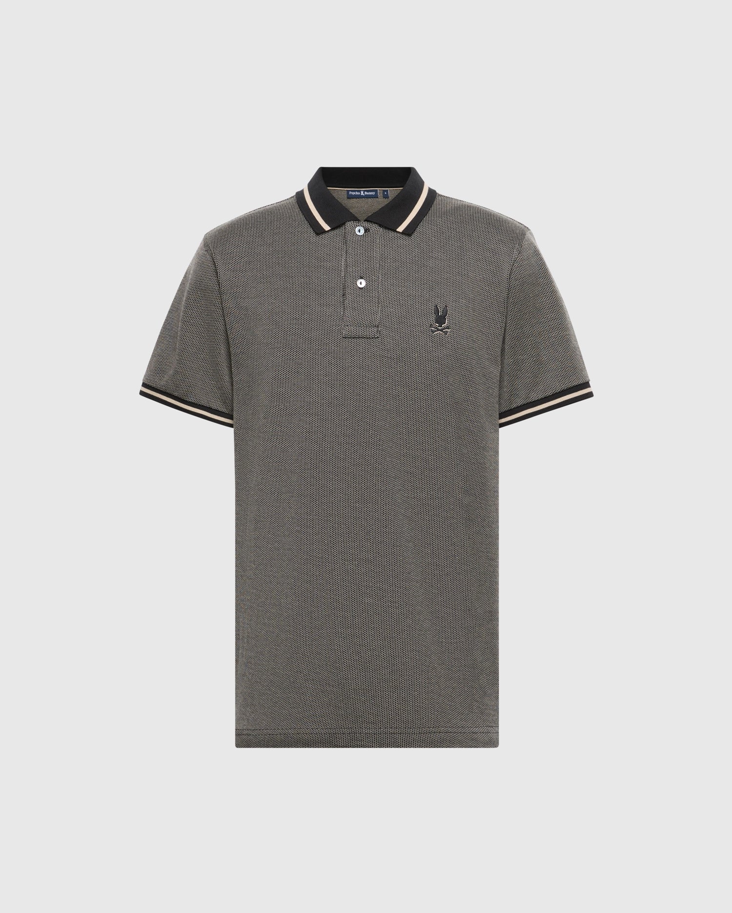The Men's Warsaw Jacquard Pique Polo - B6K901E200 by Psycho Bunny features a sophisticated gray shade complemented by black and beige accents on the collar and sleeves, along with a subtle emblem on the left chest. Made from exquisite Peruvian Pima cotton, this jacquard-knit polo is set against an off-white background, embodying a sense of refined elegance.