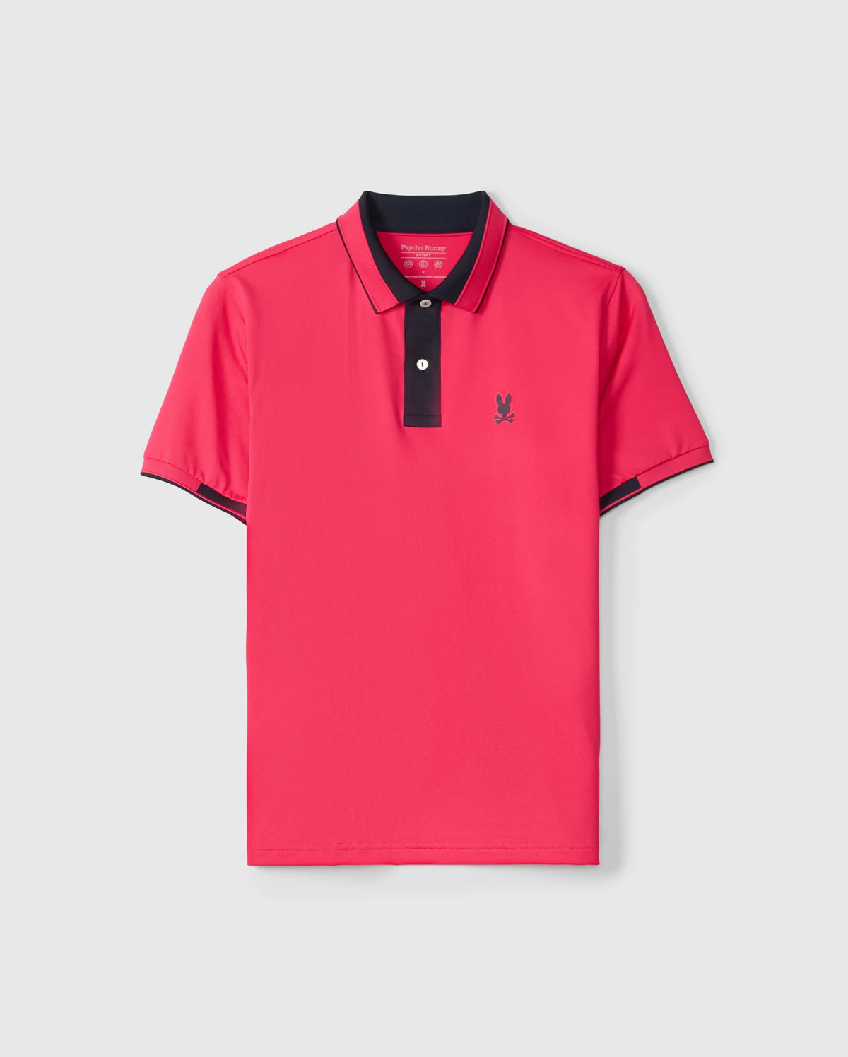 Introducing the Psycho Bunny Men's Bellevue Sport Polo Shirt (B6K905D200), a versatile casual wear option in red. It features a contrasting dark collar with two buttons, and its sleeves are accented with dark trim. A small logo depicting an animal silhouette adorns the chest. It's ideal for any occasion and is showcased on a light gray background.