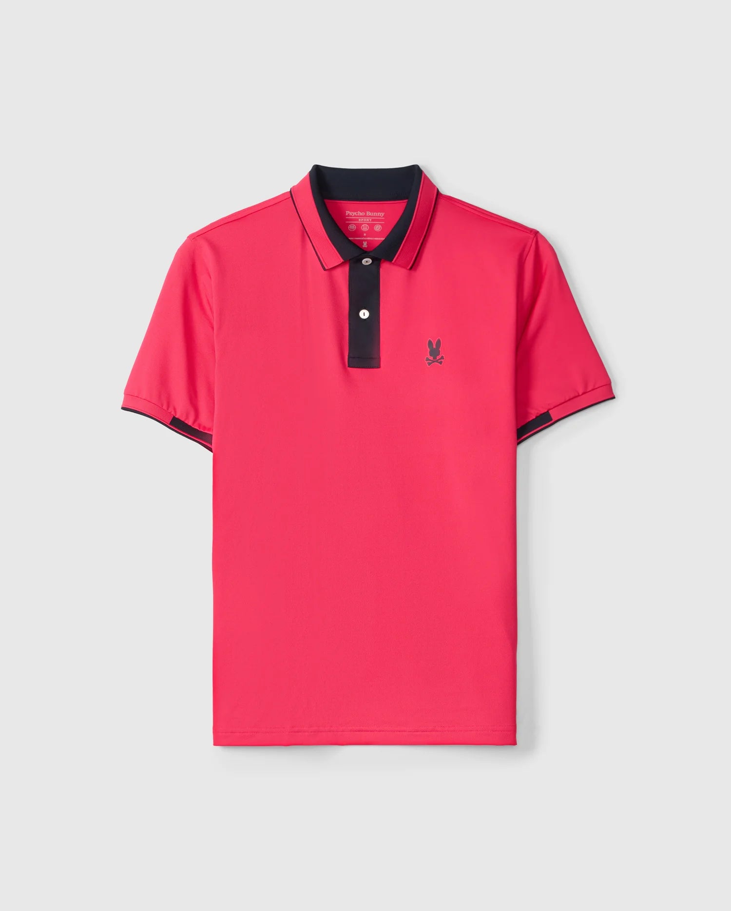 Introducing the Psycho Bunny Men's Bellevue Sport Polo Shirt (B6K905D200), a versatile casual wear option in red. It features a contrasting dark collar with two buttons, and its sleeves are accented with dark trim. A small logo depicting an animal silhouette adorns the chest. It's ideal for any occasion and is showcased on a light gray background.