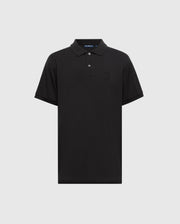 The Psycho Bunny MENS JAMES PREMIUM PIQUE POLO SHIRT - B6K945D200 is a black polo with short sleeves, a collar, and crafted from durable Pima cotton. It features a subtle embroidered logo on the left chest and includes a front buttoned placket for a classic look.