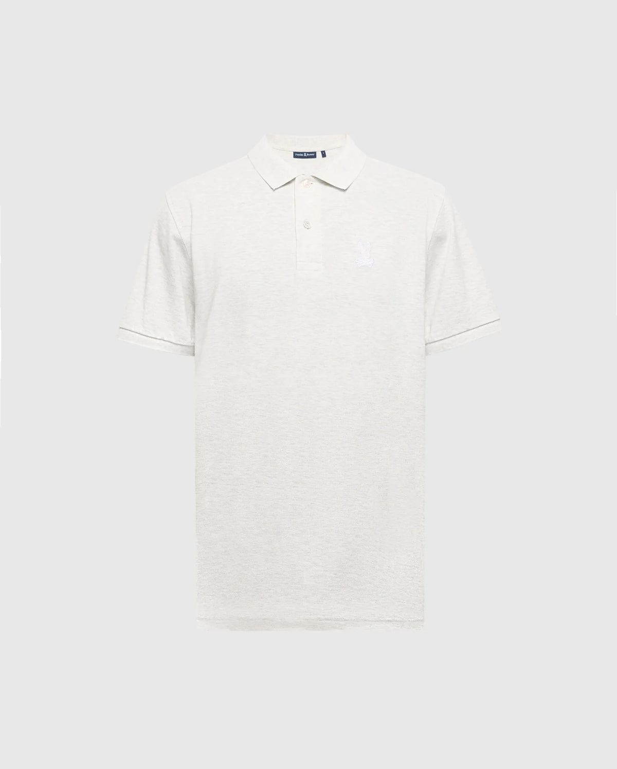 The Psycho Bunny MENS JAMES PIQUE POLO (B6K945D200) is a light gray, slim-fit polo made from soft Pima cotton. It boasts short sleeves, a collar, a three-button placket, and features a subtle embroidered logo on the left chest against a plain white backdrop.