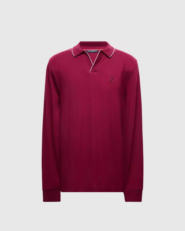 The Psycho Bunny MENS CREEDE PIQUE JOHNNY COLLAR POLO - B6M265E200 is a men's long-sleeve maroon polo featuring a small embroidered logo on the chest. This Pima cotton shirt comes with a classic collar accented by subtle white piping, set against a plain gray background.