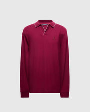 The Psycho Bunny MENS CREEDE PIQUE JOHNNY COLLAR POLO - B6M265E200 is a men's long-sleeve maroon polo featuring a small embroidered logo on the chest. This Pima cotton shirt comes with a classic collar accented by subtle white piping, set against a plain gray background.