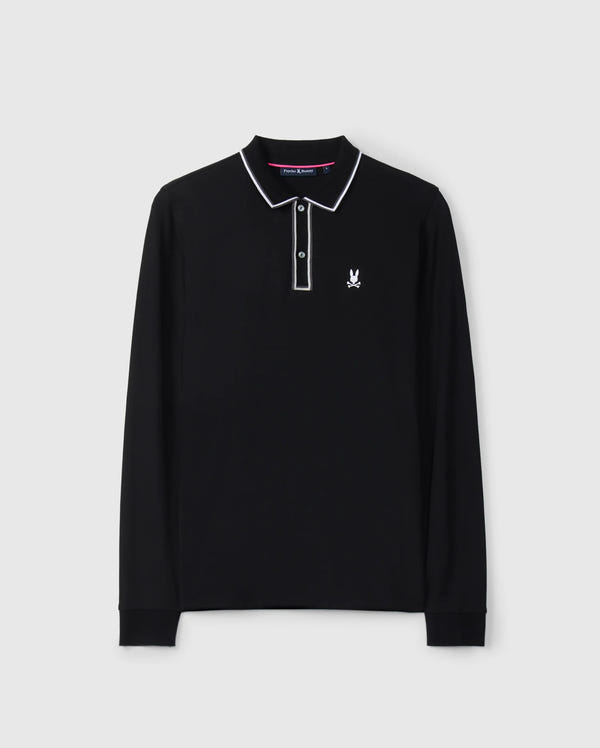 Crafted from soft Pima cotton, the Psycho Bunny Men's Kent Long Sleeve Pique Polo in black features a white embroidered emblem on the left chest. This rugby-style shirt is accented with a white-trimmed collar and a classic button-up placket.