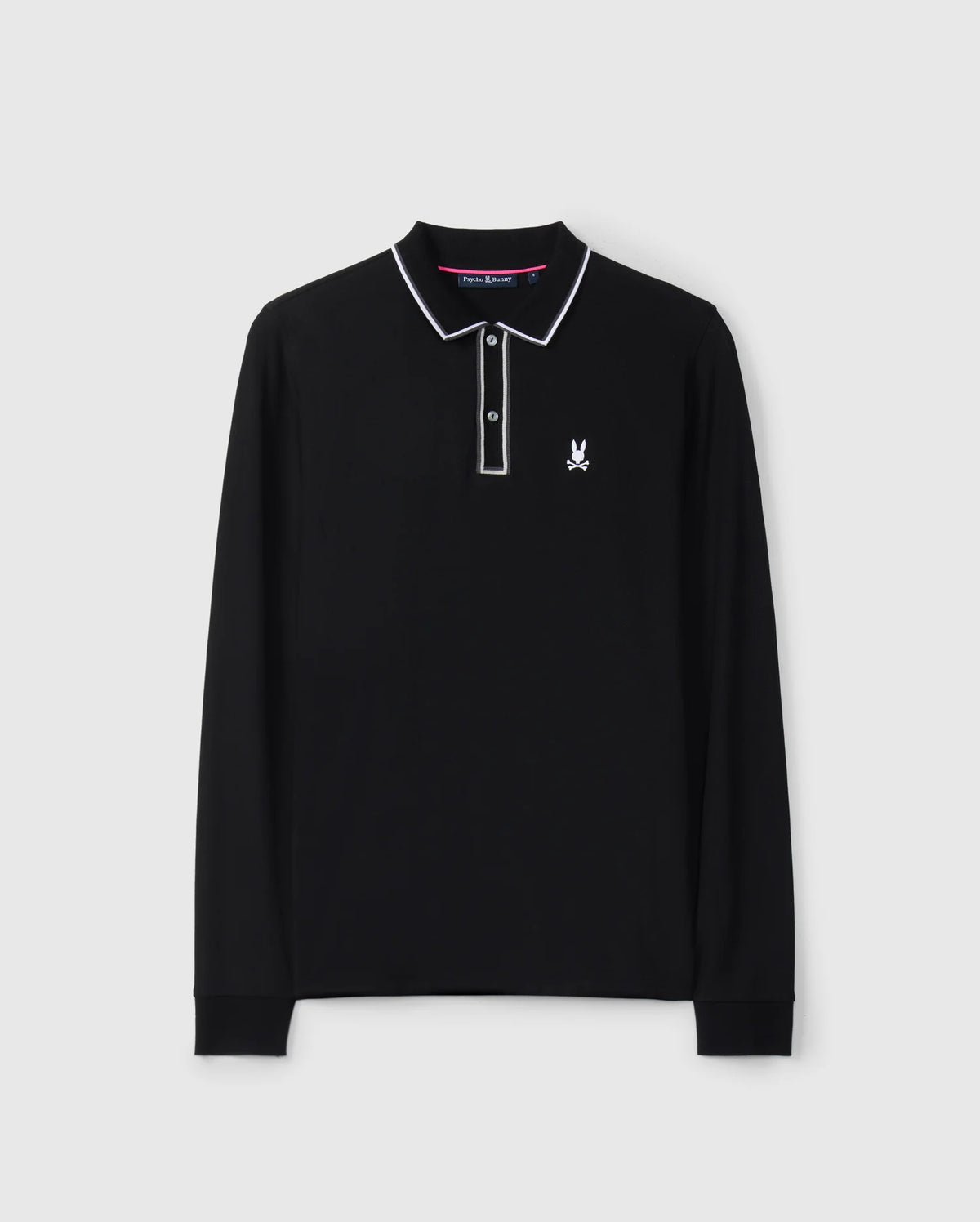 Crafted from soft Pima cotton, the Psycho Bunny Men's Kent Long Sleeve Pique Polo in black features a white embroidered emblem on the left chest. This rugby-style shirt is accented with a white-trimmed collar and a classic button-up placket.
