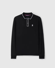 Crafted from soft Pima cotton, the Psycho Bunny Men's Kent Long Sleeve Pique Polo in black features a white embroidered emblem on the left chest. This rugby-style shirt is accented with a white-trimmed collar and a classic button-up placket.