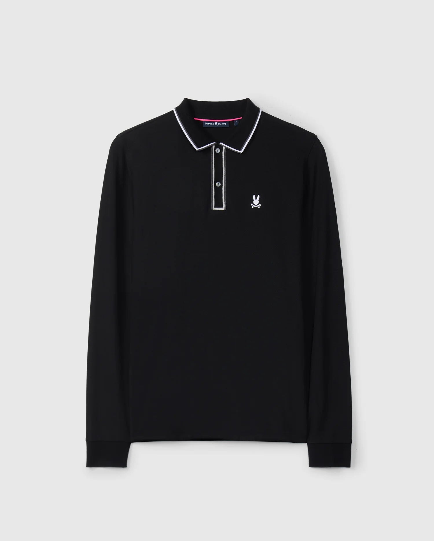 Crafted from soft Pima cotton, the Psycho Bunny Men's Kent Long Sleeve Pique Polo in black features a white embroidered emblem on the left chest. This rugby-style shirt is accented with a white-trimmed collar and a classic button-up placket.