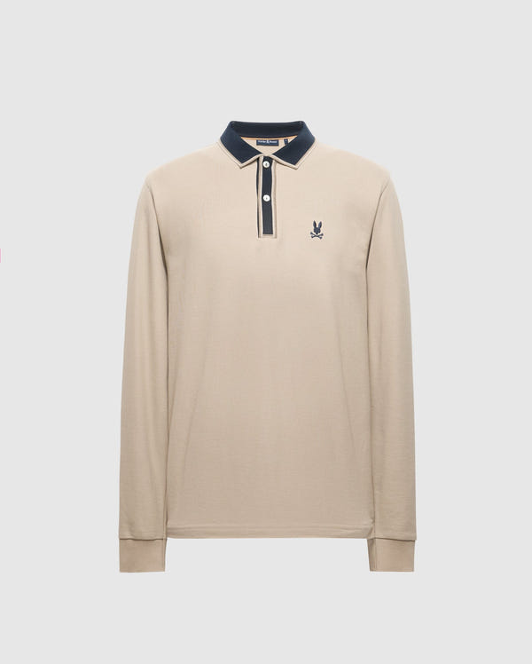Embrace understated luxury with the Psycho Bunny Men's Kent Long Sleeve Pique Polo (B6M935D200), made from luxurious Pima cotton. This beige polo features a sophisticated navy blue collar and button placket, complemented by an embroidered logo on the left chest for an elegant touch.