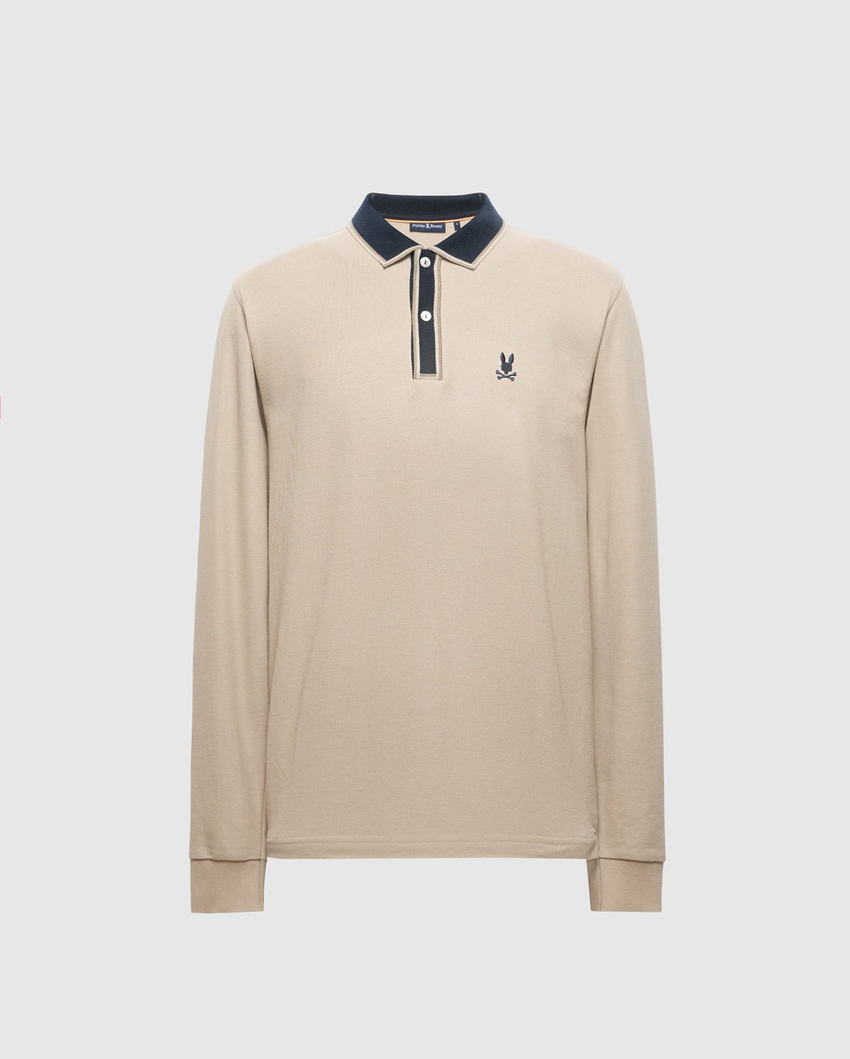 Embrace understated luxury with the Psycho Bunny Men's Kent Long Sleeve Pique Polo (B6M935D200), made from luxurious Pima cotton. This beige polo features a sophisticated navy blue collar and button placket, complemented by an embroidered logo on the left chest for an elegant touch.