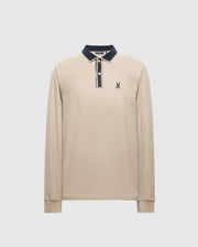 Embrace understated luxury with the Psycho Bunny Men's Kent Long Sleeve Pique Polo (B6M935D200), made from luxurious Pima cotton. This beige polo features a sophisticated navy blue collar and button placket, complemented by an embroidered logo on the left chest for an elegant touch.
