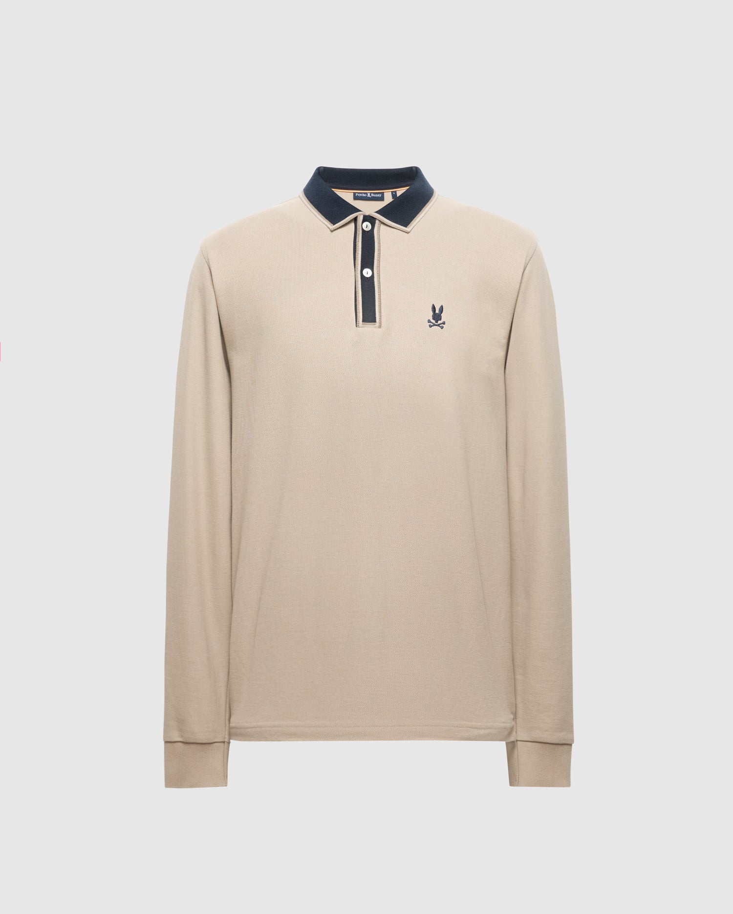 Embrace understated luxury with the Psycho Bunny Men's Kent Long Sleeve Pique Polo (B6M935D200), made from luxurious Pima cotton. This beige polo features a sophisticated navy blue collar and button placket, complemented by an embroidered logo on the left chest for an elegant touch.