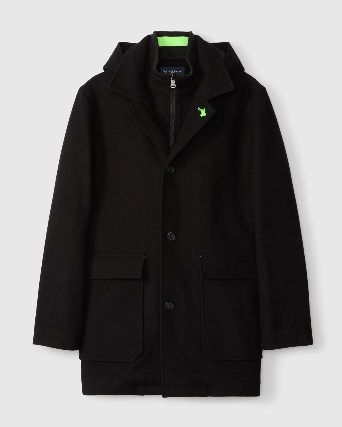 The Psycho Bunny MENS STAFFORD WOOL BLEND COAT - B6N551D200 is an elegant black coat with a high collar, zippered inner lining, green embroidered chest logo, buttoned front, and two large front pockets. Photographed against a plain white background.