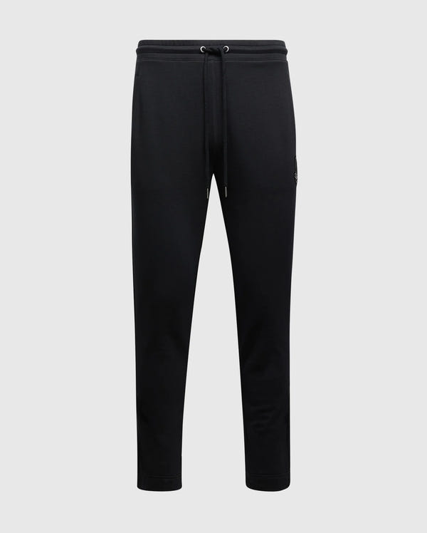 Psycho Bunny's MENS ALEXANDER SWEATPANT (B6P155E200) offers black cotton joggers with an elastic waistband and drawstring. These comfy straight-fit men's joggers include side pockets, making the fabric soft and suitable for casual wear or athletic activities.