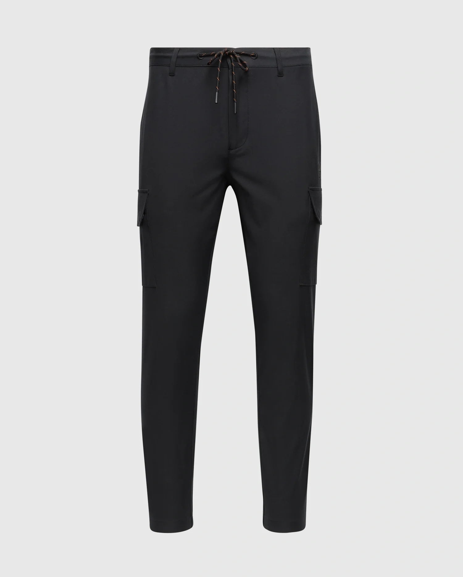 The MENS LLOYD CARGO JOGGER - B6P159B200 by Psycho Bunny are black with a slim fit design, featuring elasticized cuffs and an adjustable drawstring waistband. These joggers have utilitarian pockets on the sides and offer a sleek, modern look. The product is showcased against a white background.