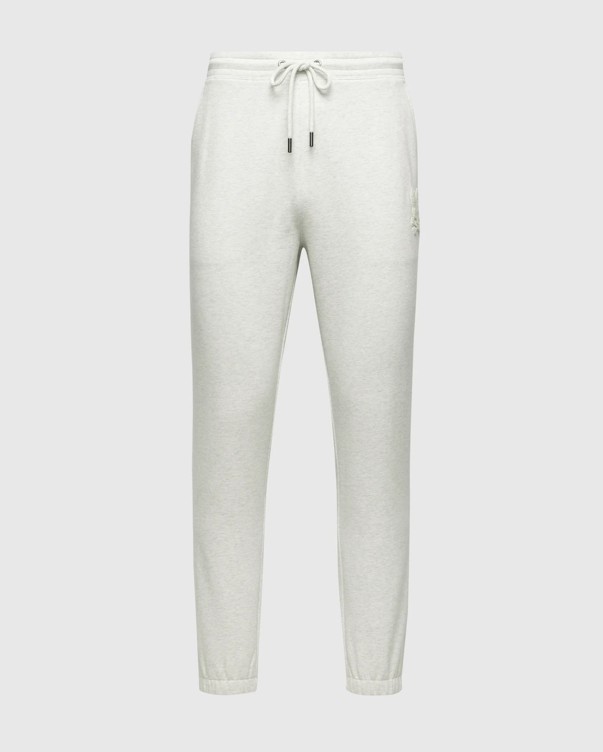 The MENS ELDORADO BRUSH BACK JOGGER - B6P285E200 by Psycho Bunny features a light gray color and the Chenille Bunny logo. These joggers have an adjustable drawstring waistband, two side pockets, and elasticized ankle cuffs. Made from soft brushback cotton for comfort.