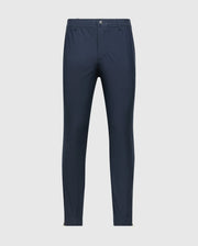 Psycho Bunny's MENS MADISON COMMUTER PANT - B6P395Z1WB features a slim fit, navy blue design with an elastic waistband, front pockets, and button closure. Made from stretch woven material for comfort, they are displayed against a light gray background.