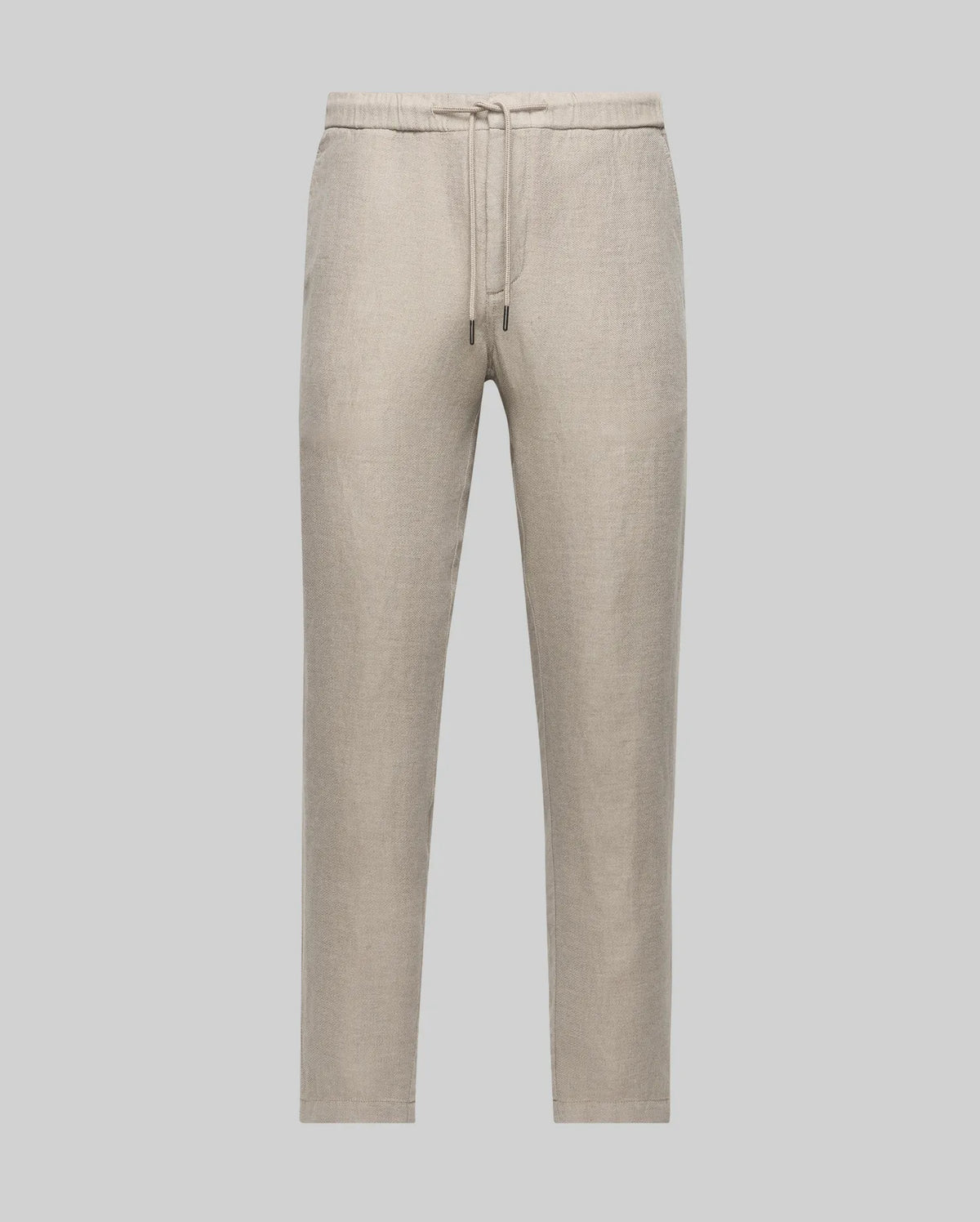 The Psycho Bunny MENS FATE LINEN DRAWSTRING PANT (B6P471C200) features light beige premium linen-blend fabric, elastic waistband with drawstring, straight leg cut, side pockets, and an embroidered logo, shown on a light gray background.