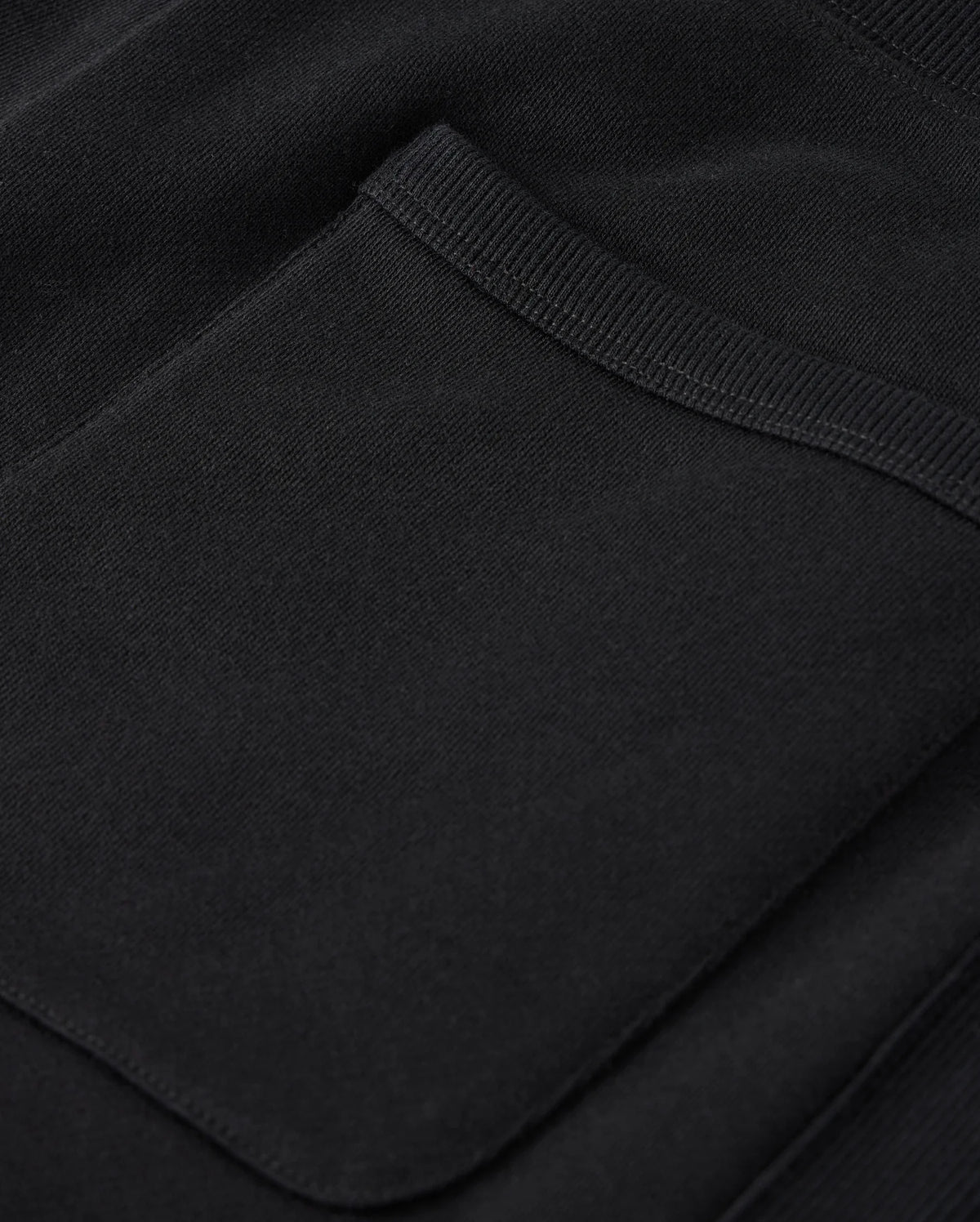 Close-up of the Psycho Bunny MENS LEVY ESSENTIAL FLEECE SWEATPANT - B6P721D200 in black, featuring a small, neatly sewn pocket. The texture appears soft and smooth, resembling premium fleecy cotton sweatpants, with the pocket positioned slightly off-center to highlight the clean stitching around its edges. The fabric drapes naturally, revealing subtle folds.