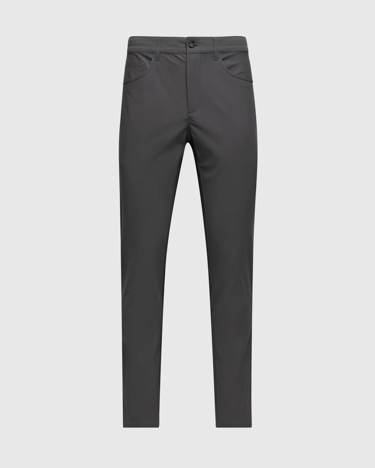 The Psycho Bunny Men's Maverick 10K Pant (B6P788D200) in dark gray is displayed on a light backdrop. Featuring a button closure, five pockets including side pockets, its tailored fit and four-way stretch make it perfect for both formal and casual wear.