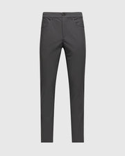 The Psycho Bunny Men's Maverick 10K Pant (B6P788D200) in dark gray is displayed on a light backdrop. Featuring a button closure, five pockets including side pockets, its tailored fit and four-way stretch make it perfect for both formal and casual wear.