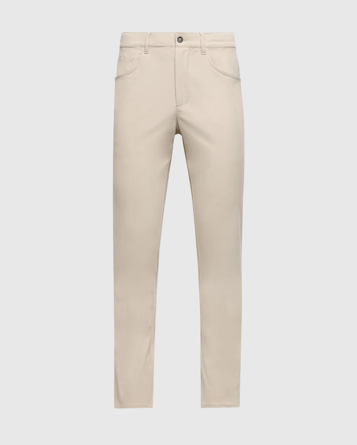 A pair of beige MENS MAVERICK 10K PANT - B6P788D200 by Psycho Bunny is showcased against a plain white background. These classic five-pocket pants include a button and zip closure, belt loops, front pockets, and offer four-way stretch for maximum comfort.
