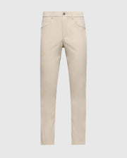 A pair of beige MENS MAVERICK 10K PANT - B6P788D200 by Psycho Bunny is showcased against a plain white background. These classic five-pocket pants include a button and zip closure, belt loops, front pockets, and offer four-way stretch for maximum comfort.