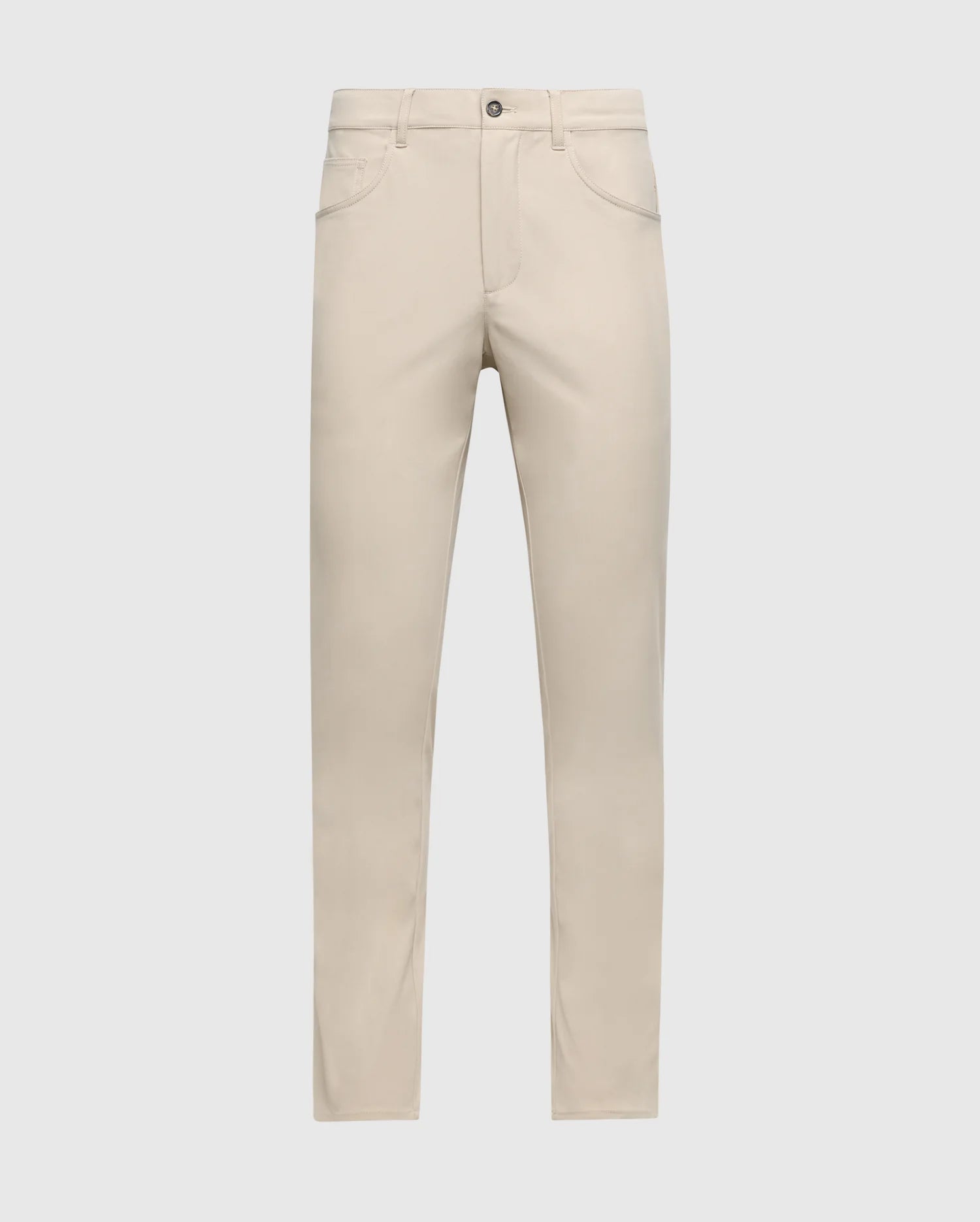 A pair of beige MENS MAVERICK 10K PANT - B6P788D200 by Psycho Bunny is showcased against a plain white background. These classic five-pocket pants include a button and zip closure, belt loops, front pockets, and offer four-way stretch for maximum comfort.