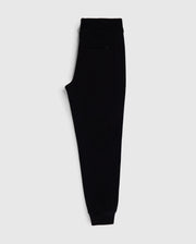 A pair of Psycho Bunny MENS SANTA CRUZ SWEATPANT - B6P843A2FT in sleek black, with an elastic waistband and cuffs, displayed on a plain white background. Made from 100% cotton for ultimate comfort and style, these sweatpants feature a minimalist design and a small pocket on the side near the waistband.