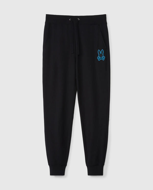 The MENS WALTER LIGHTWEIGHT SWEATPANT - B6P860D200 by Psycho Bunny is perfect for casual wear. These black jogger sweatpants feature an elastic waistband with a drawstring, two front pockets, and a blue embroidered bunny logo on the left thigh. The gathered cuffs at the ankles ensure a snug fit, offering both style and comfort.