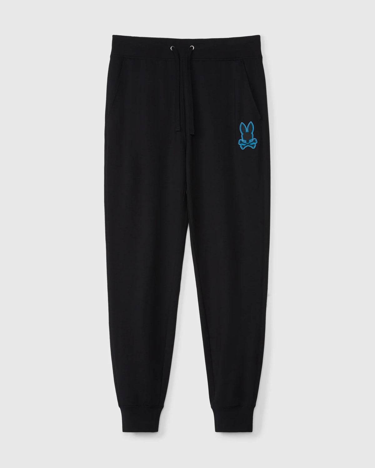 The MENS WALTER LIGHTWEIGHT SWEATPANT - B6P860D200 by Psycho Bunny is perfect for casual wear. These black jogger sweatpants feature an elastic waistband with a drawstring, two front pockets, and a blue embroidered bunny logo on the left thigh. The gathered cuffs at the ankles ensure a snug fit, offering both style and comfort.