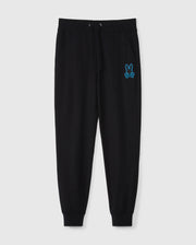 The MENS WALTER LIGHTWEIGHT SWEATPANT - B6P860D200 by Psycho Bunny is perfect for casual wear. These black jogger sweatpants feature an elastic waistband with a drawstring, two front pockets, and a blue embroidered bunny logo on the left thigh. The gathered cuffs at the ankles ensure a snug fit, offering both style and comfort.