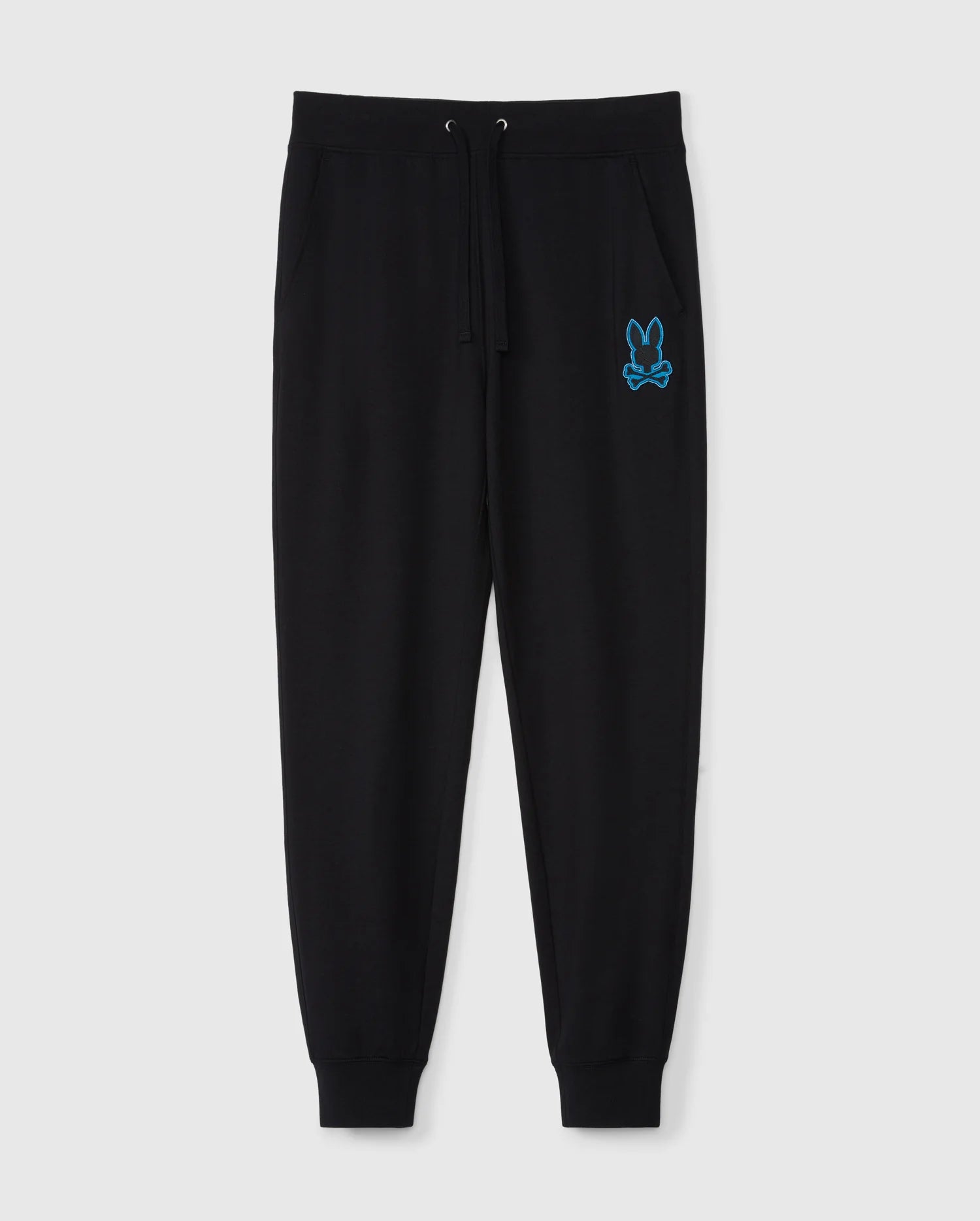 The MENS WALTER LIGHTWEIGHT SWEATPANT - B6P860D200 by Psycho Bunny is perfect for casual wear. These black jogger sweatpants feature an elastic waistband with a drawstring, two front pockets, and a blue embroidered bunny logo on the left thigh. The gathered cuffs at the ankles ensure a snug fit, offering both style and comfort.