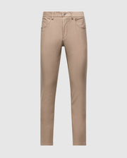 The Psycho Bunny MENS HAYS TWILL PANT - B6P894D200 is showcased against a plain white background. These beige cotton-blend twill pants include a button and zip closure, belt loops, and a classic 5-pocket design with standard front and back pockets. They have a straight-cut fit at ankle length, combining style and comfort with four-way stretch fabric.