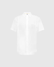 The MENS GABRIEL SHORT SLEEVE SHIRT - B6Q351F200 by Psycho Bunny is showcased on a grey canvas. Made from fine Pima cotton, it boasts a classic collar, button-up style, and features an embroidered Bunny logo on the left chest.