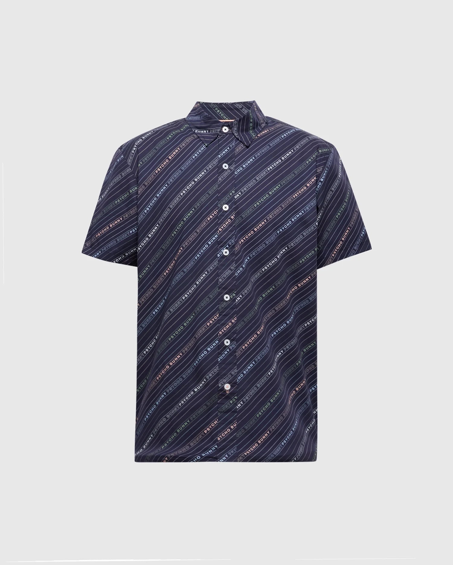The Psycho Bunny MENS RENMARK STRETCH POPLIN WOVEN SHIRT - B6Q629F200 is a short-sleeved, dark blue shirt with diagonal stripes and small, colorful text. Featuring a button-down front and classic collar, it combines style and comfort seamlessly.