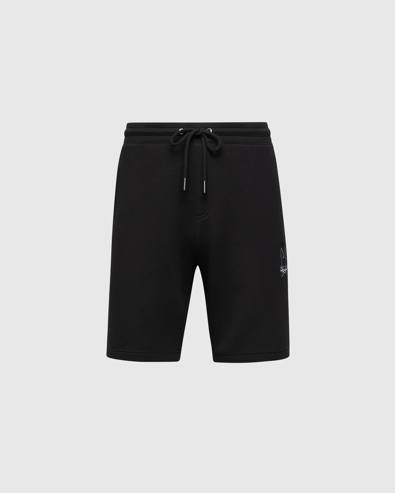 MENS DACANO PERFORATED SWEATSHORT by Psycho Bunny: black athletic shorts with a drawstring waist and an athletic fit, crafted from cotton-blend jersey. Subtle embroidery on one side, displayed against a plain gray background. Model: B6R286E200.