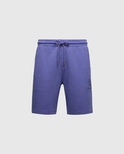 The Psycho Bunny Men's Dacano Perforated Sweatshorts in purple boast a sporty, athletic fit. Crafted from a performance cotton blend, they feature an elastic waistband with drawstring and a subtle front left logo.