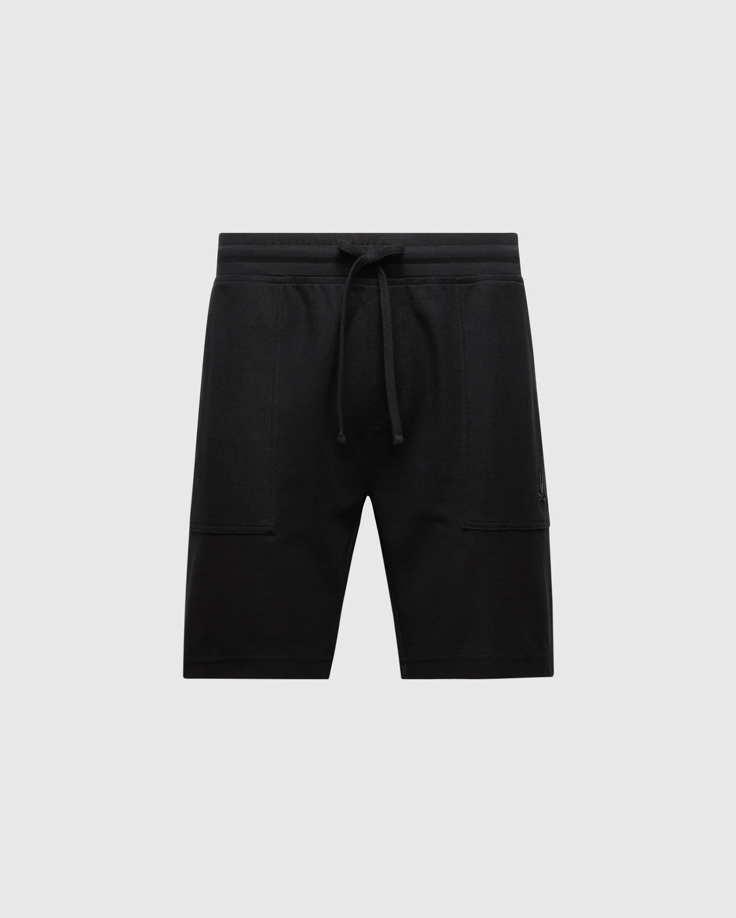 The Psycho Bunny Men's Taylor Light Pique Sweatshorts in black, made from Pima cotton, feature a drawstring waistband and two side pockets—ideal for a casual-chic look—set against a plain light gray background.