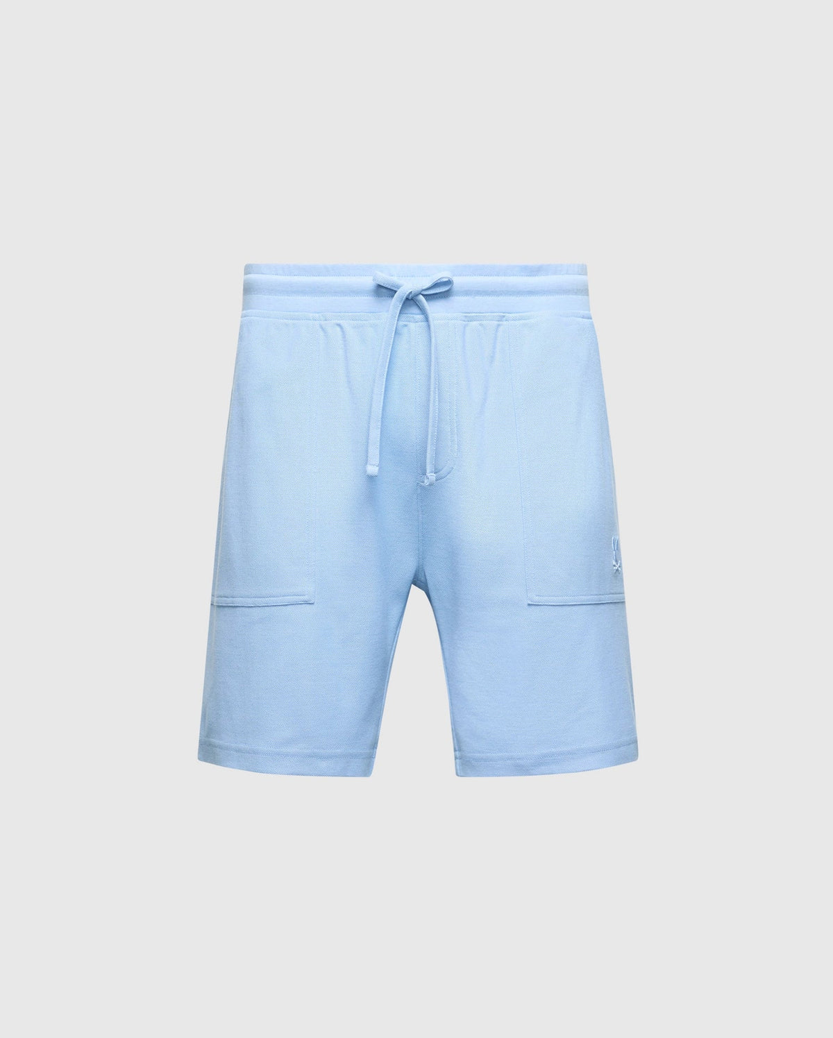 The MENS TAYLOR LIGHT PIQUE SWEATSHORT by Psycho Bunny is a lightweight blue design with an elastic waistband, drawstring, and soft Pima cotton. It includes two front pockets and a subtle embroidered logo on the right side, making it ideal for a casual-chic wardrobe. Model: B6R344F200.