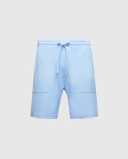 The MENS TAYLOR LIGHT PIQUE SWEATSHORT by Psycho Bunny is a lightweight blue design with an elastic waistband, drawstring, and soft Pima cotton. It includes two front pockets and a subtle embroidered logo on the right side, making it ideal for a casual-chic wardrobe. Model: B6R344F200.