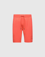 The Psycho Bunny Men's Levanzo French Terry Sweatshort-B6R578F200 showcases unmatched comfort with a relaxed fit in coral, featuring an embroidered logo on the lower left of micro French terry fabric against a plain light gray background.