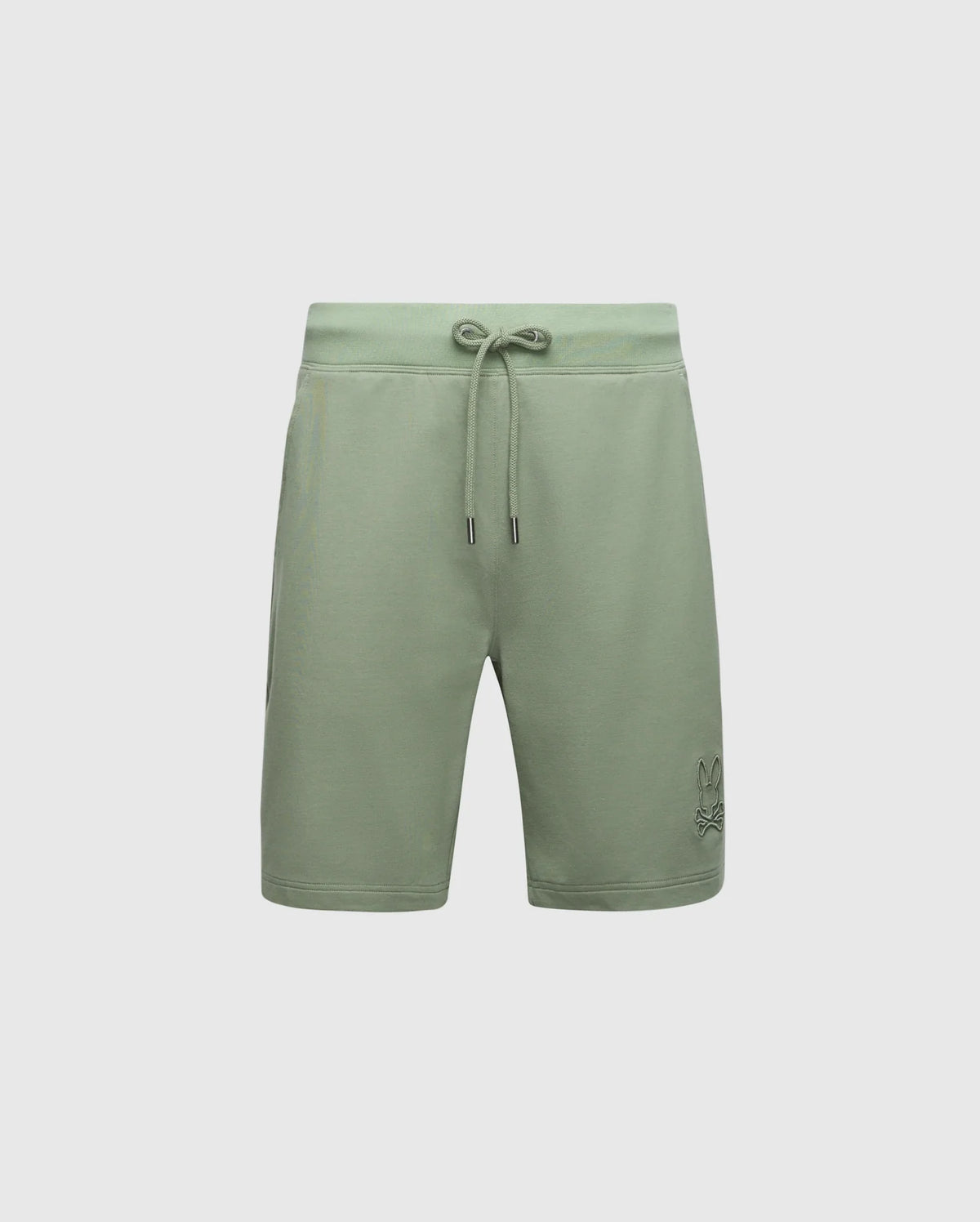 The Psycho Bunny Men's Levanzo French Terry Sweatshort (B6R578F200) features a green drawstring elastic waistband, casual fit, and simple design. Crafted from micro French terry, these shorts are adorned with a subtle embroidered Bunny logo on the lower left leg, ideal for leisure or athletics.