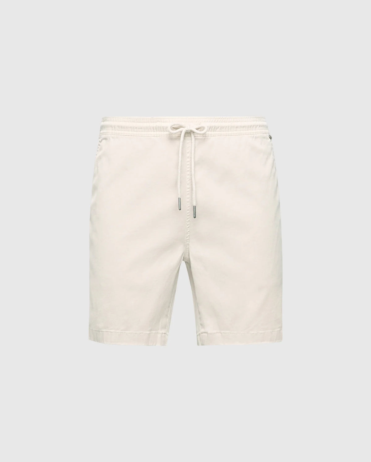 The MENS WILLIS STRETCH TENCEL SHORT in cream by Psycho Bunny features a Stretch Tencel™ blend with an elasticized waistband and drawstring closure, set against a plain gray background, perfect for effortless casual style.