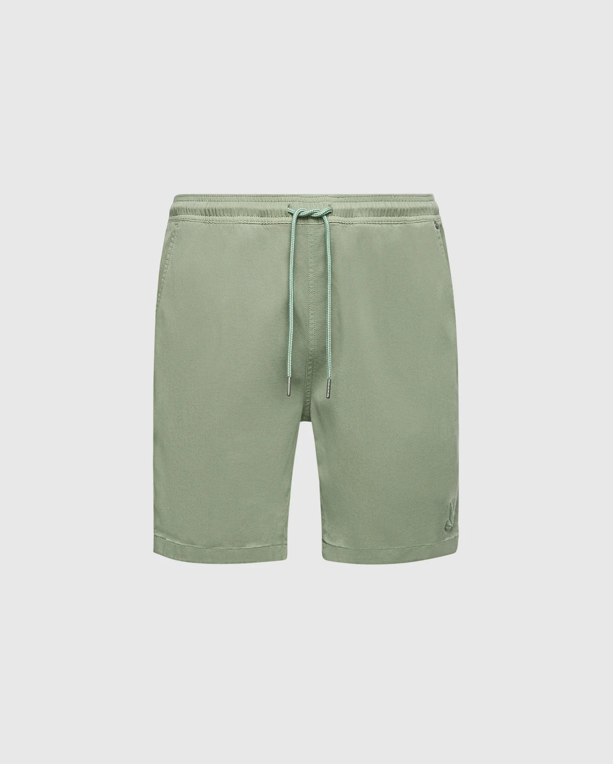 The Psycho Bunny MENS WILLIS STRETCH TENCEL SHORT (B6R584F200) are green drawstring shorts with an elastic waistband and embroidered Bunny Drawstring logo on a white background, crafted from a stretch Tencel blend for effortless style.
