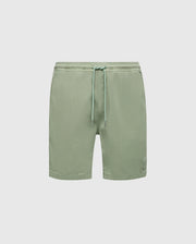 The Psycho Bunny MENS WILLIS STRETCH TENCEL SHORT (B6R584F200) are green drawstring shorts with an elastic waistband and embroidered Bunny Drawstring logo on a white background, crafted from a stretch Tencel blend for effortless style.